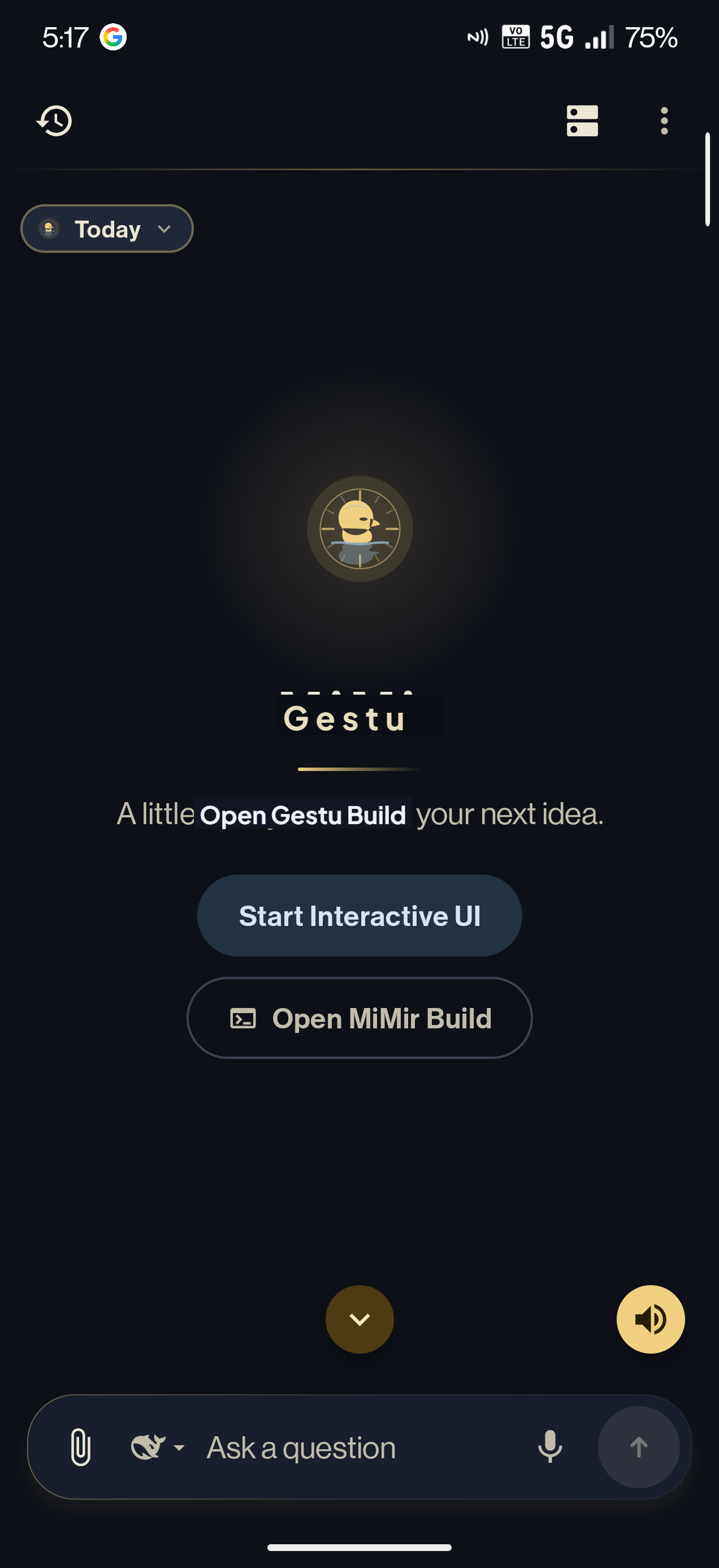 Gestu launch screen with the Gestu emblem, Start Interactive UI, and Open Gestu Build.